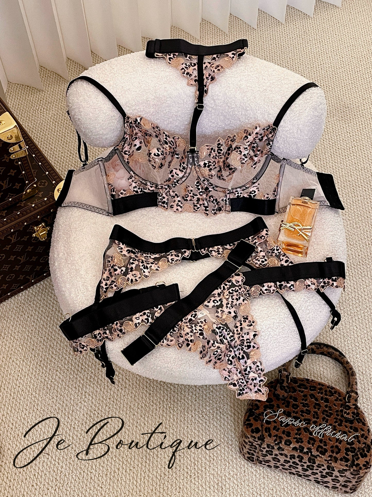 JolieElan · Greedy · ins Leopard print lace mesh plus size gather sexy perspective underwear set