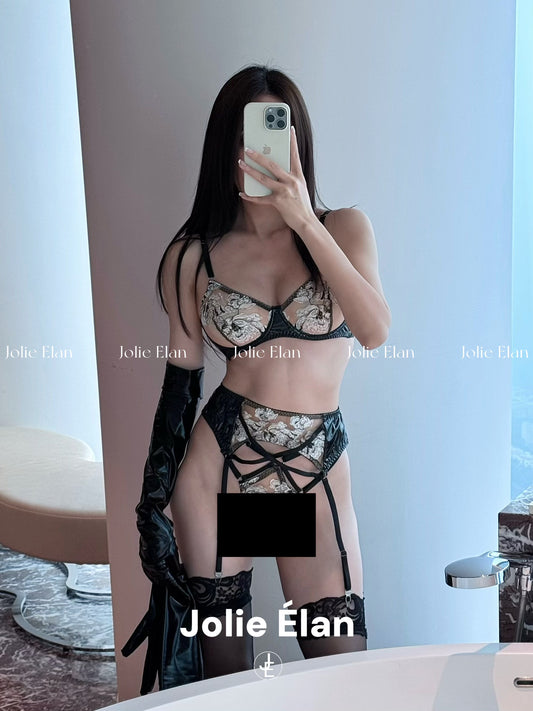 JolieElan Heart Hunter Sexy Mesh Embroidered Lace Leather Perspective Seduction Underwear Set