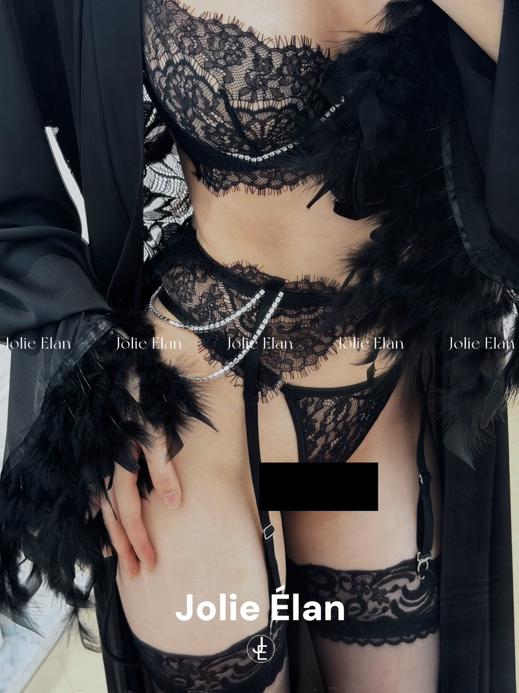 JolieElan · Qian Songyi · French Sexy Royal Sister Rhinestone Chain Lace Perspective Premium Underwear Set
