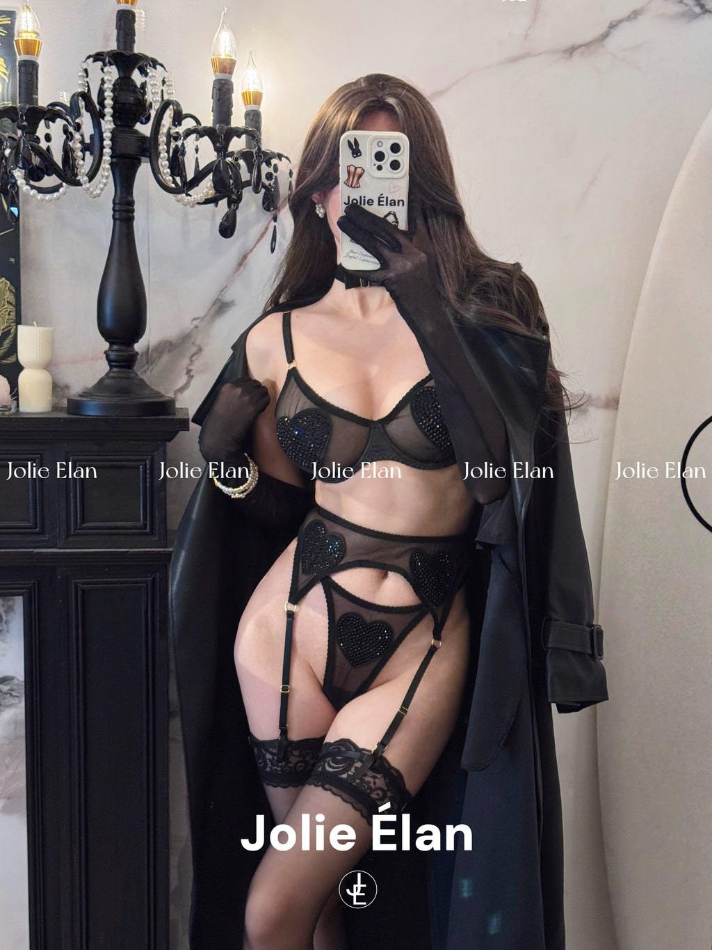 JolieElan · Fishing players · Sexy mesh perspective love flash diamond abstinence French underwear set