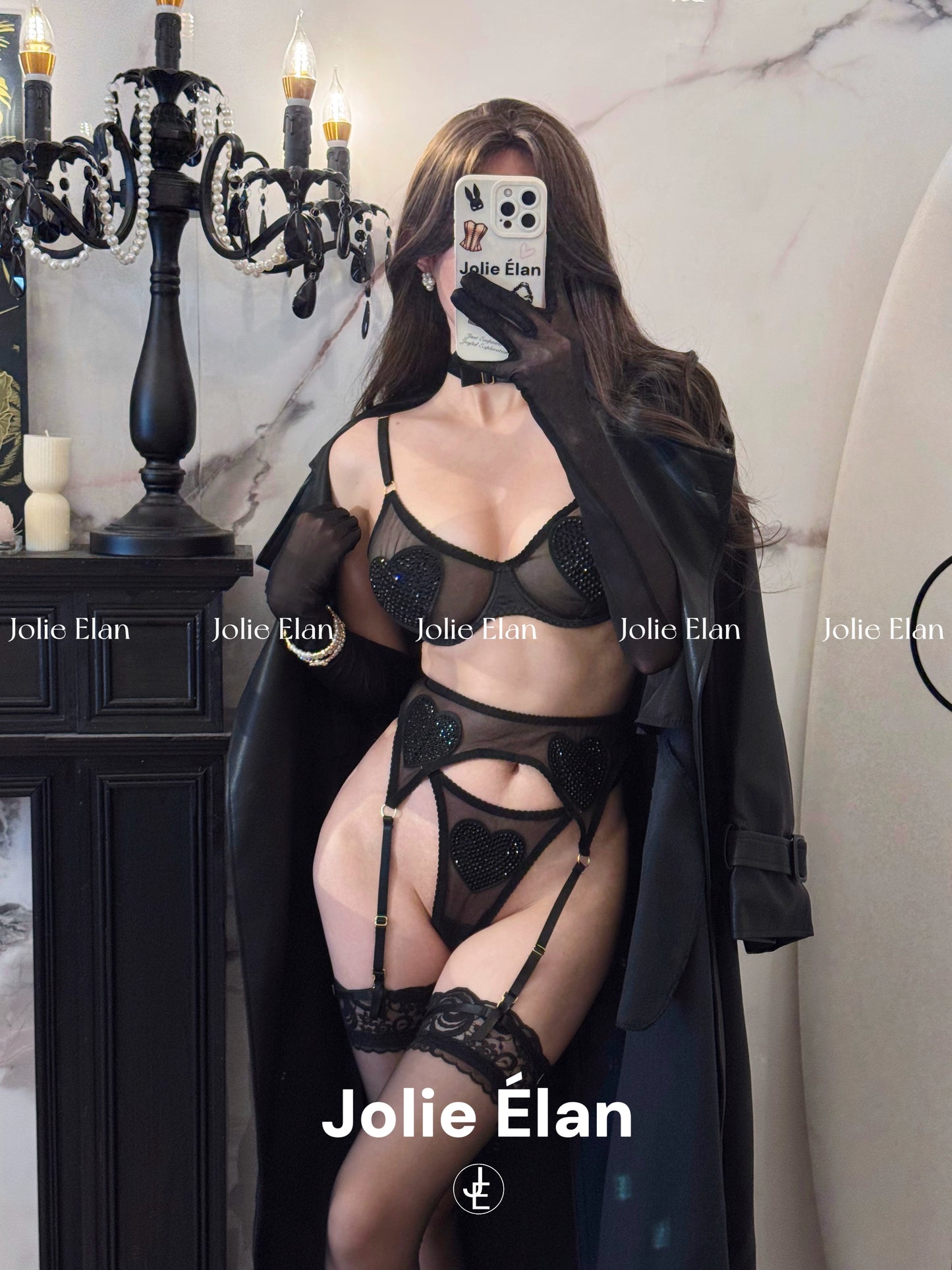 JolieElan · Fishing players · Sexy mesh perspective love flash diamond abstinence French underwear set