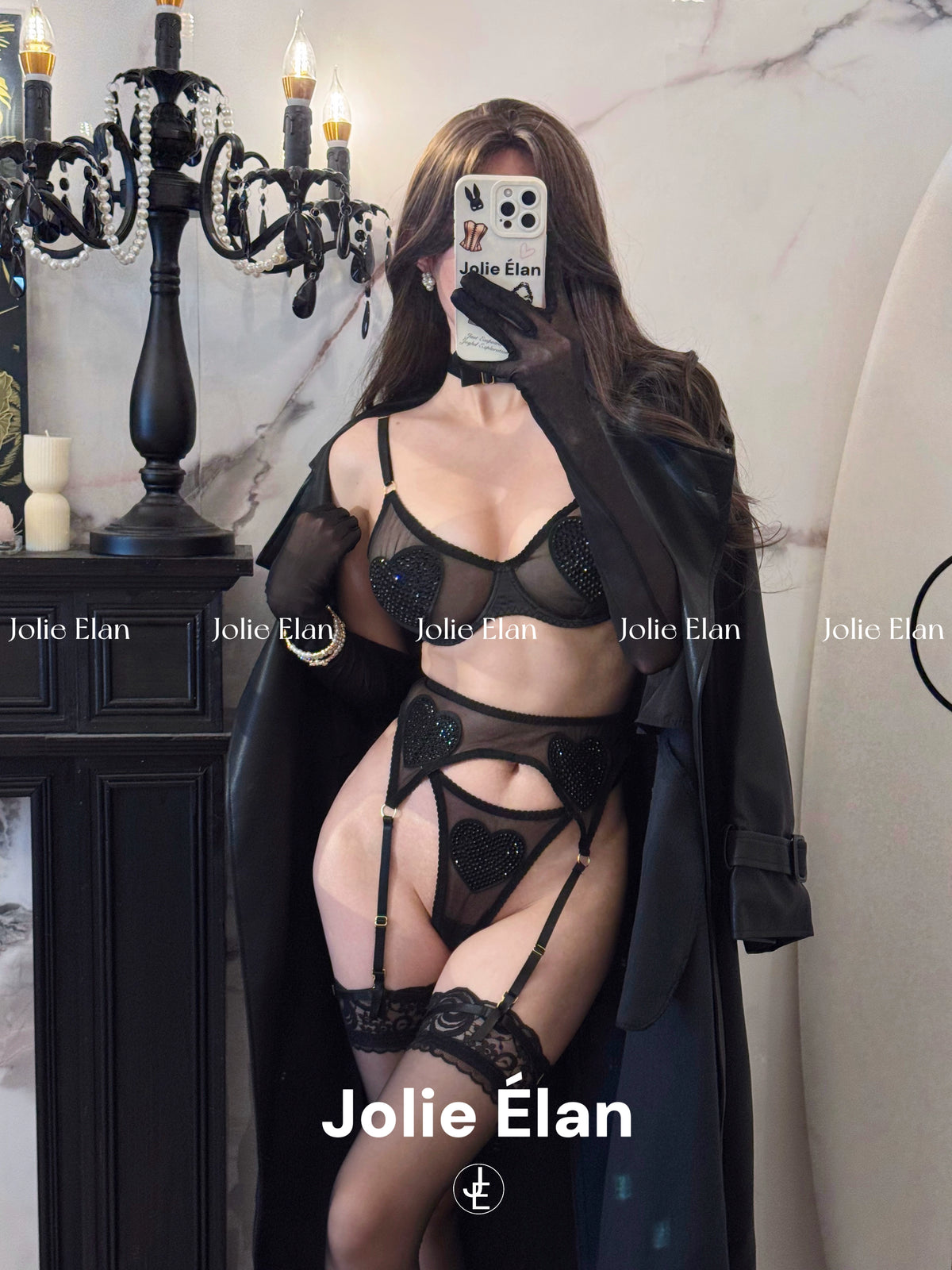 JolieElan · Fishing players · Sexy mesh perspective love flash diamond abstinence French underwear set