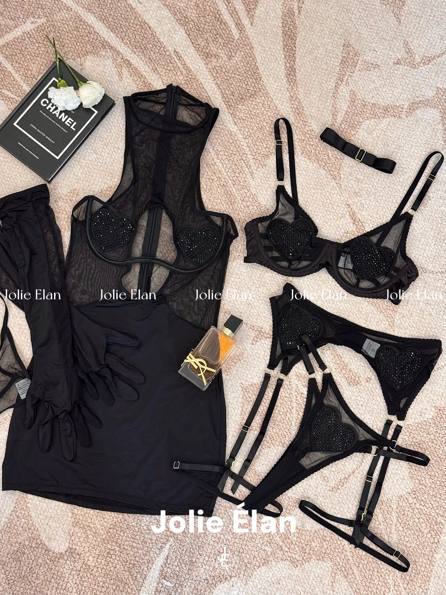 JolieElan · Fishing players · Sexy mesh perspective love flash diamond abstinence French underwear set
