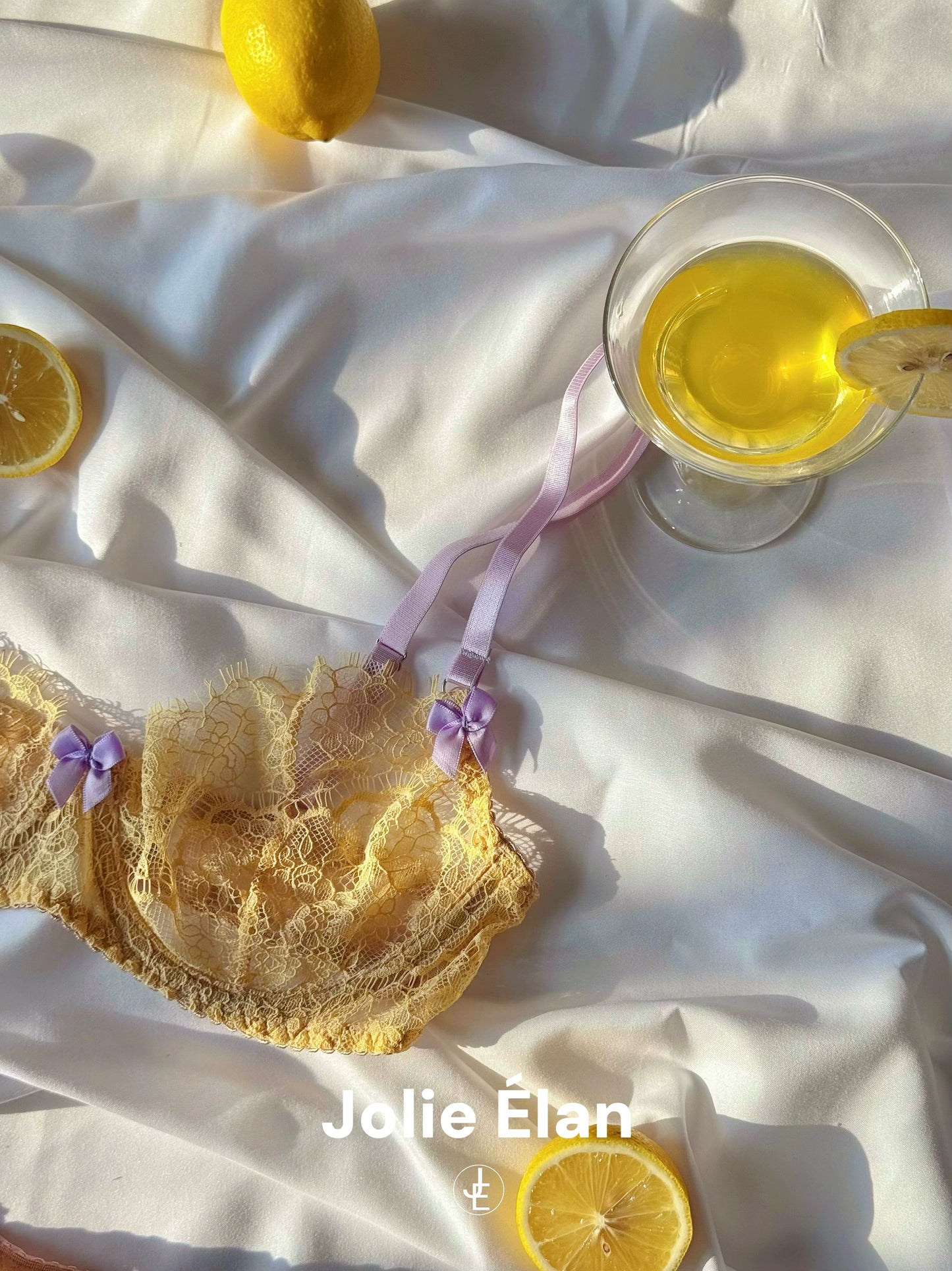 JolieElan · South France Holiday · French Lace Yellow Suspender Sexy Perspective Premium Lingerie Set