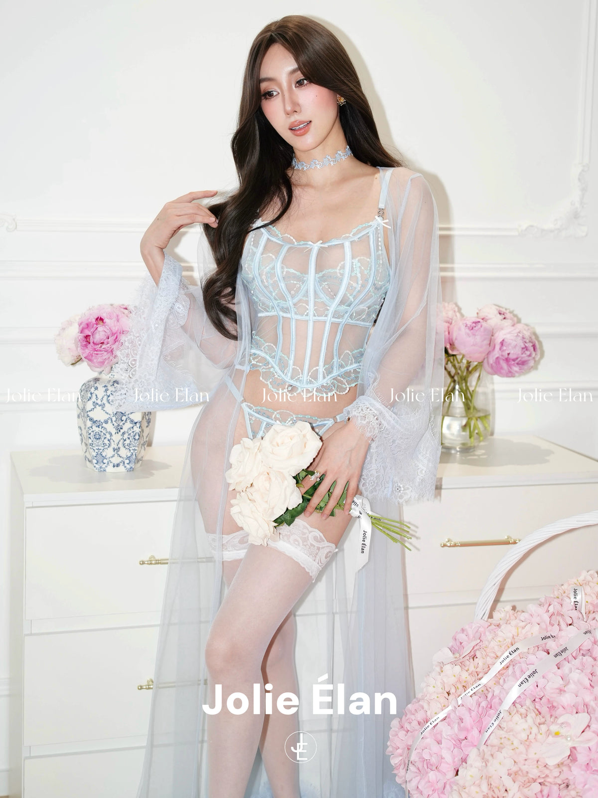 JolieElan Santorini French Light Luxury Embroidery Sexy Lace Perspective Premium Underwear Set