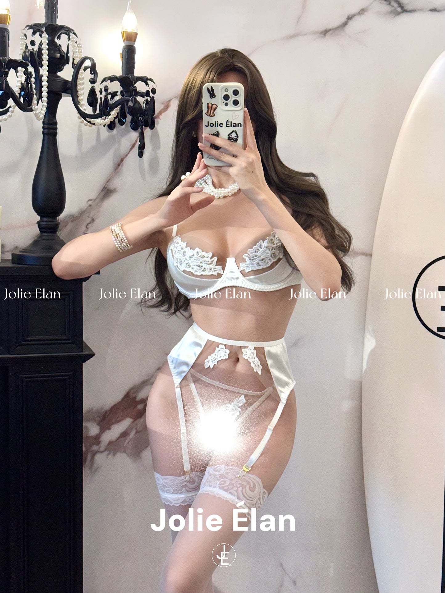 JolieElan Fendra French Lace Mesh Embroidery Sexy Perspective Gathering Underwear Set