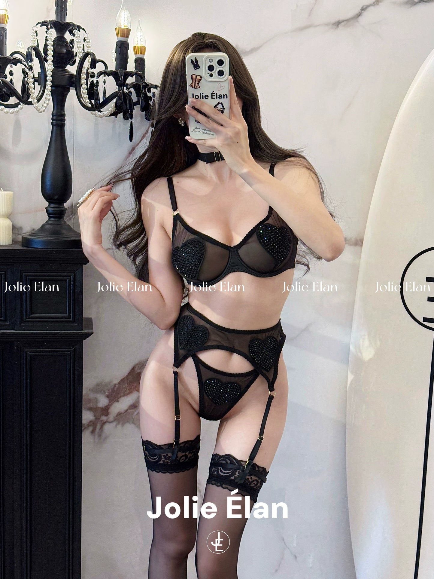 JolieElan · Fishing players · Sexy mesh perspective love flash diamond abstinence French underwear set