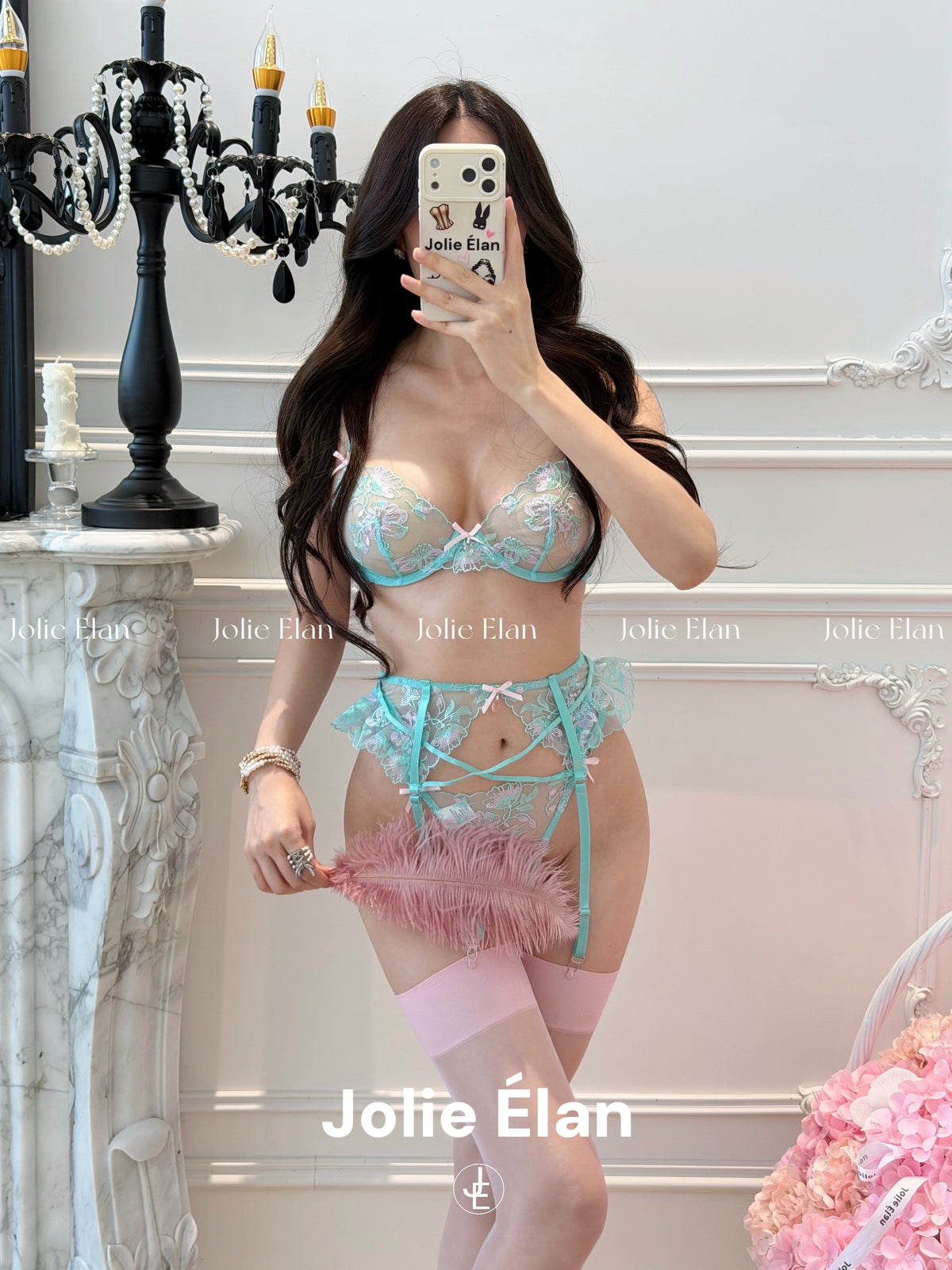 JolieElan Tiffany Breakfast Mint Green French Sexy Mesh Perspective Premium Underwear Set