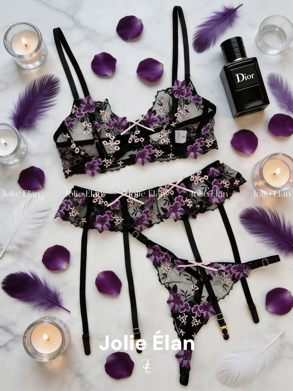 JolieElan Versailles Rose Sexy Royal Sister Purple Lace Embroidery Perspective Gathering Underwear Set