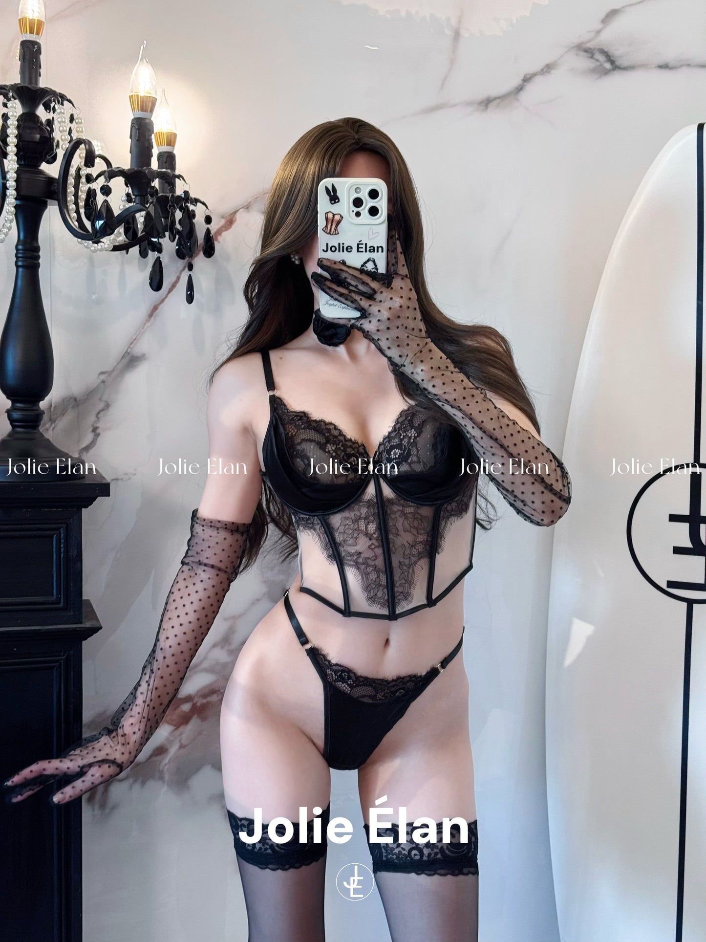 JolieElan · Love Sicily · French Lace Perspective Mesh Fishbone Sexy cos Underwear Set