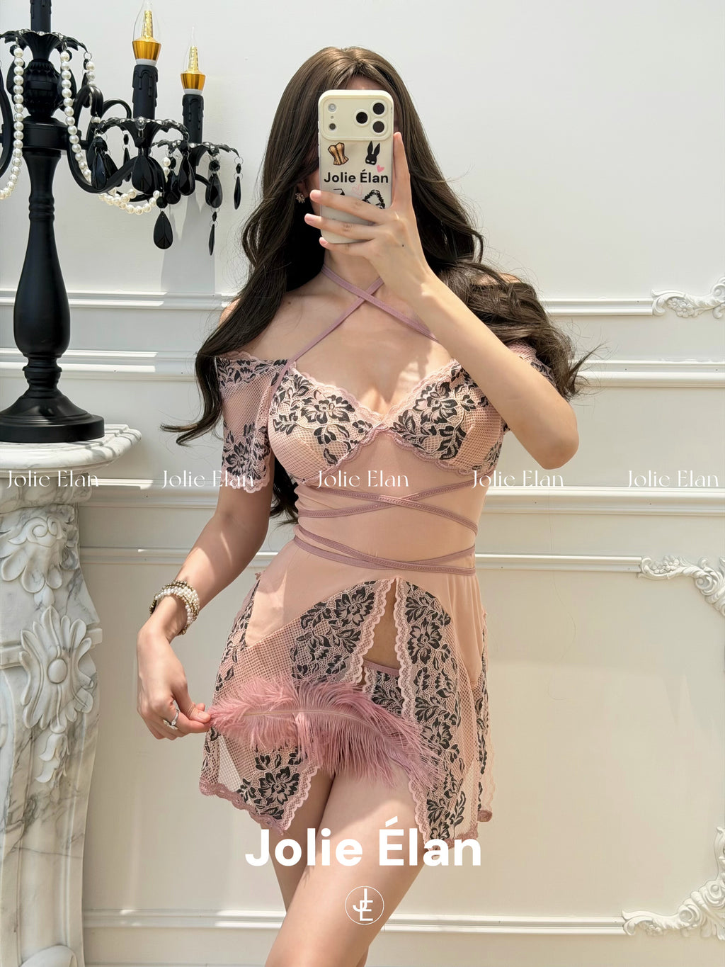 JolieElan · Falling in Love · French Sexy Pure Lust Pink Lace Split Seduction Lingerie Set