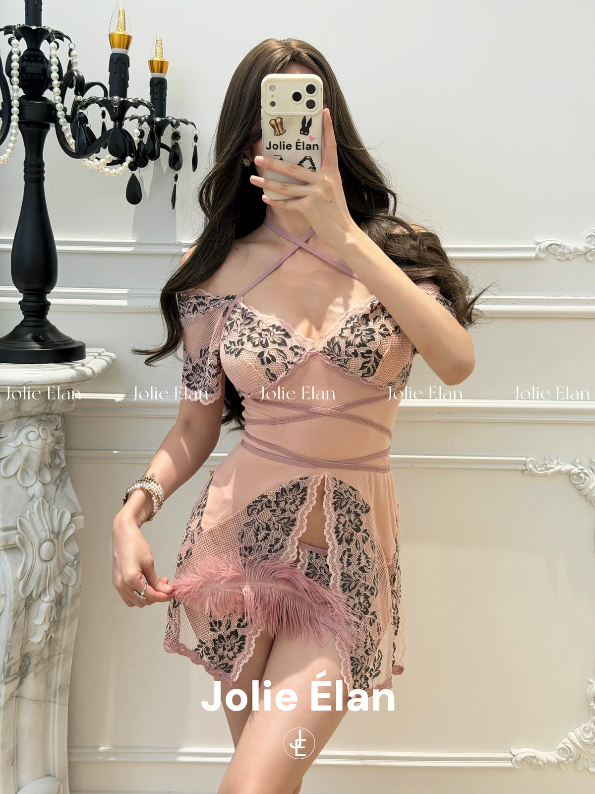 JolieElan · Falling in Love · French Sexy Pure Lust Pink Lace Split Seduction Lingerie Set