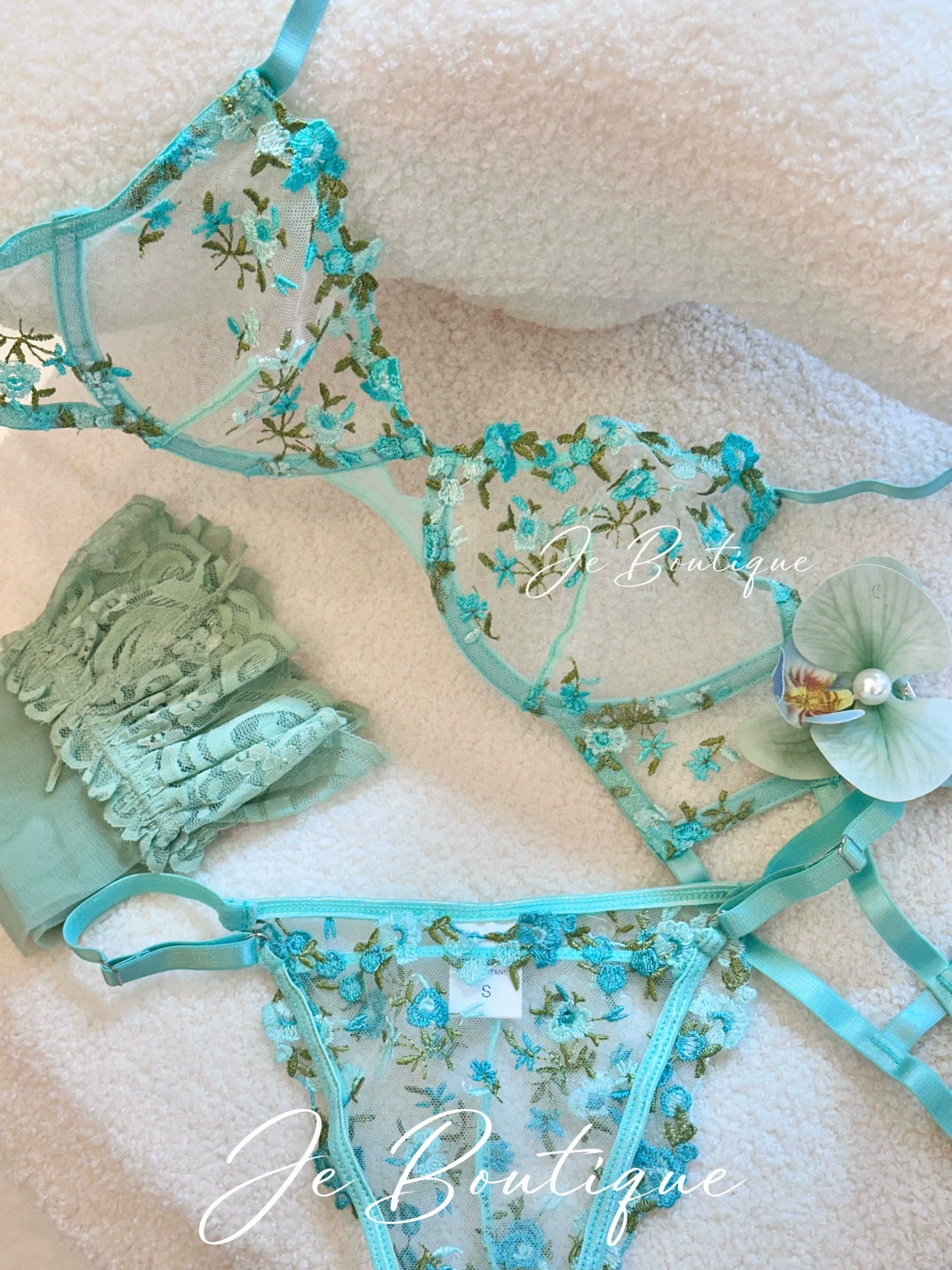 JolieElan Monet Garden French Lace Embroidered Mesh Sexy Perspective Pure Desire Underwear Set