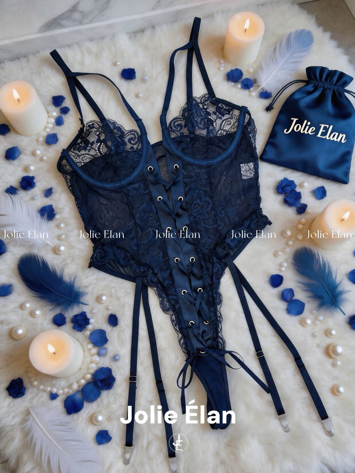 JolieElan · One Look Down · Sexy Lace Strap Perspective Premium French Blue One-Piece Lingerie Set