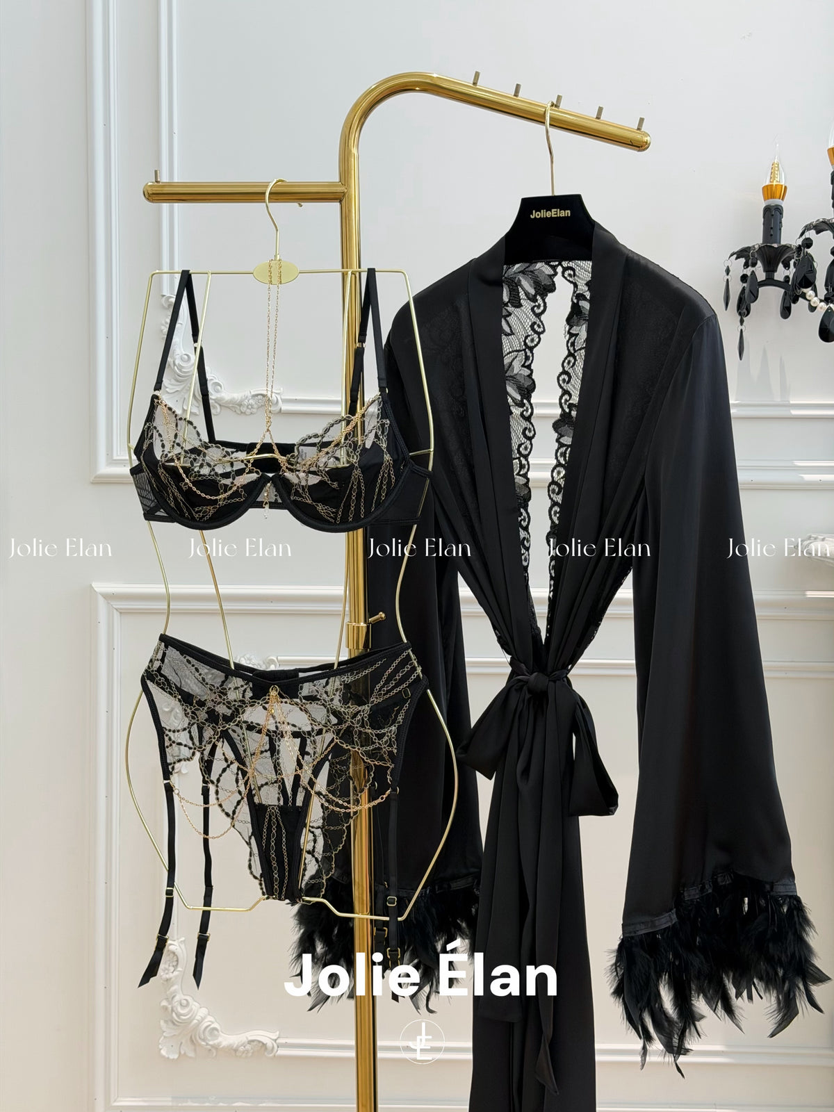 JolieElan · Paper drunk gold fan · French sexy luxury gem chain embroidered perspective underwear set