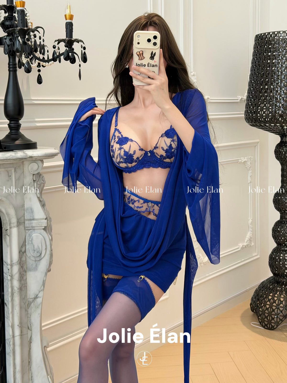 JolieElan Ecuador Blue Rose French Sexy Embroidery Perspective Premium Underwear Set