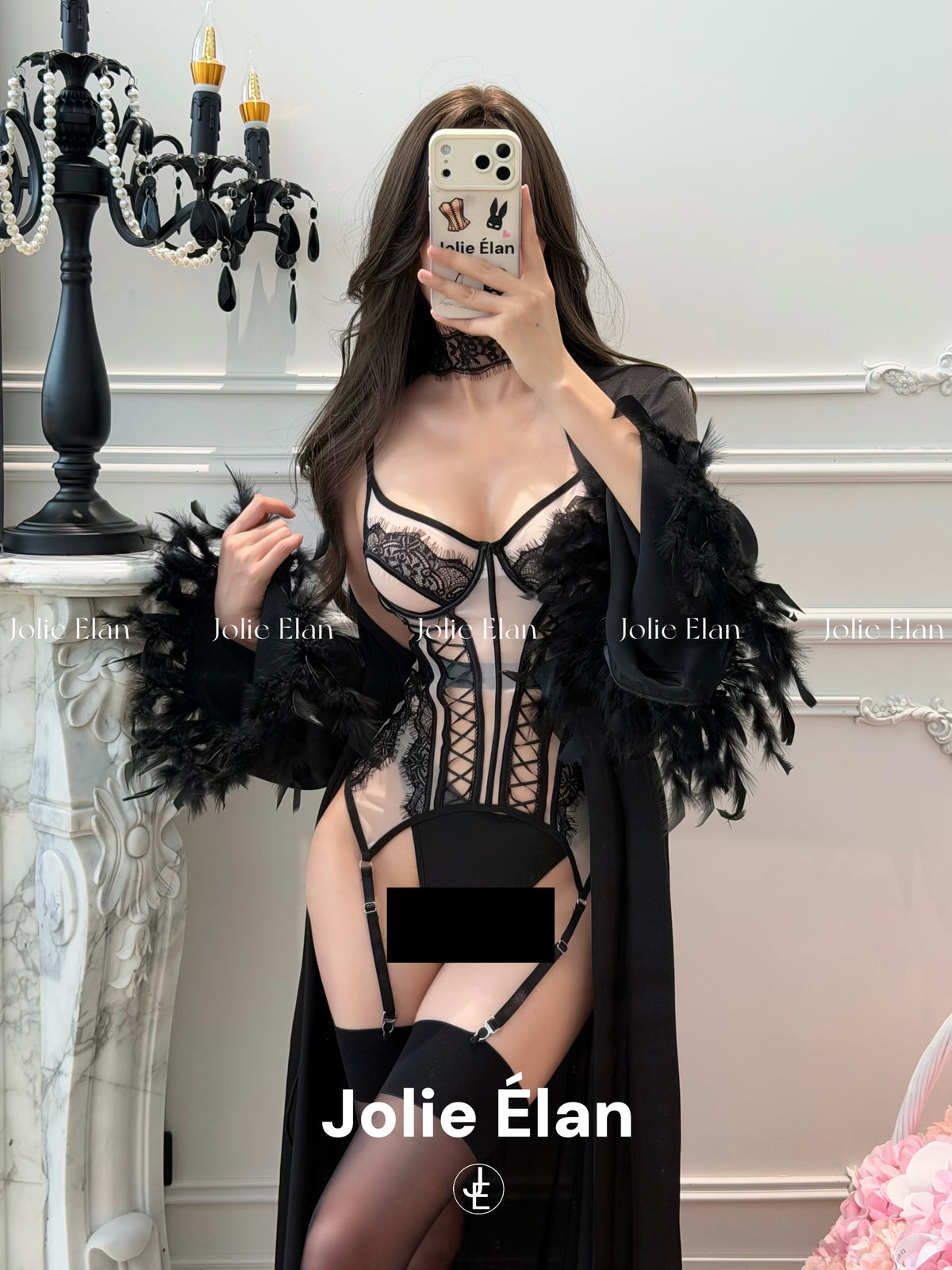 JolieElan · Gossip Girl · French Sexy Lace Mesh Perspective One-piece Premium Underwear Set