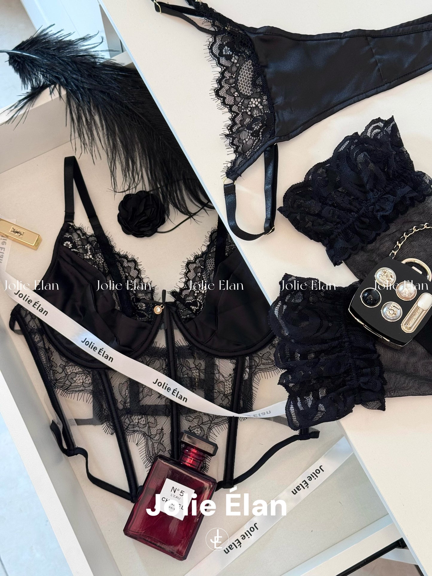 JolieElan · Love Sicily · French Lace Perspective Mesh Fishbone Sexy cos Underwear Set