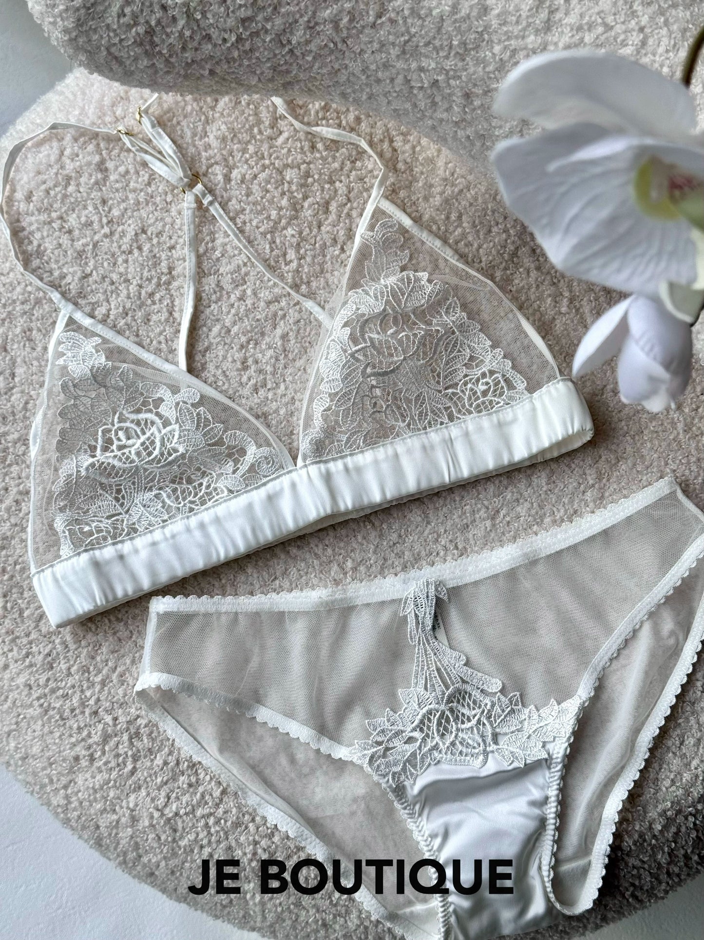JolieElan · French Embroidery Lace Sexy Bikini Perspective Mesh Underwear Set Big Breasts Small