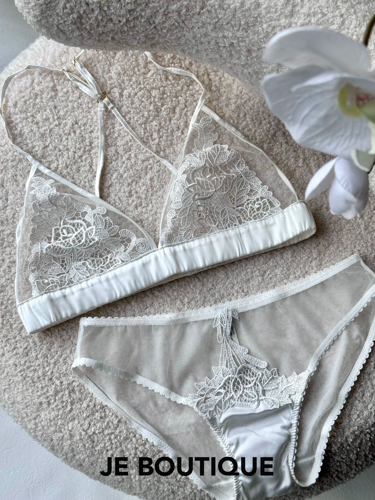 JolieElan · French Embroidery Lace Sexy Bikini Perspective Mesh Underwear Set Big Breasts Small