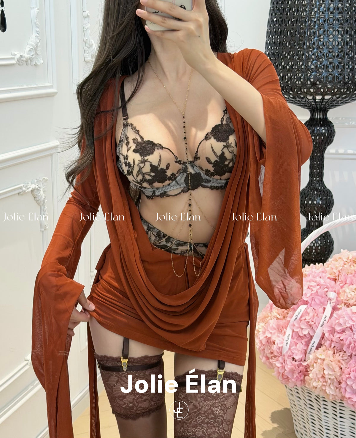 JolieElan · Love Black Qiao · Brown Rose French Sexy Embroidery Perspective Premium Underwear Set
