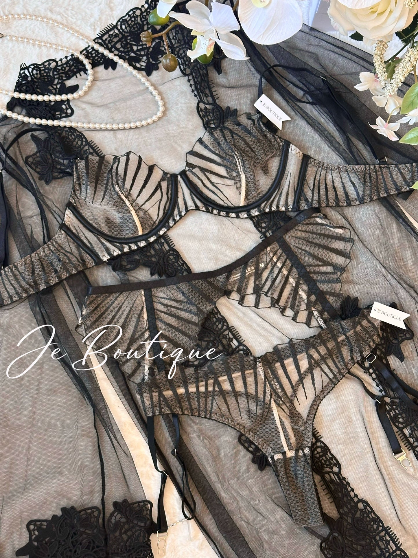 JolieElan · Dark Night Love · Premium French Embroidered Lace Mesh Sexy Underwear Set