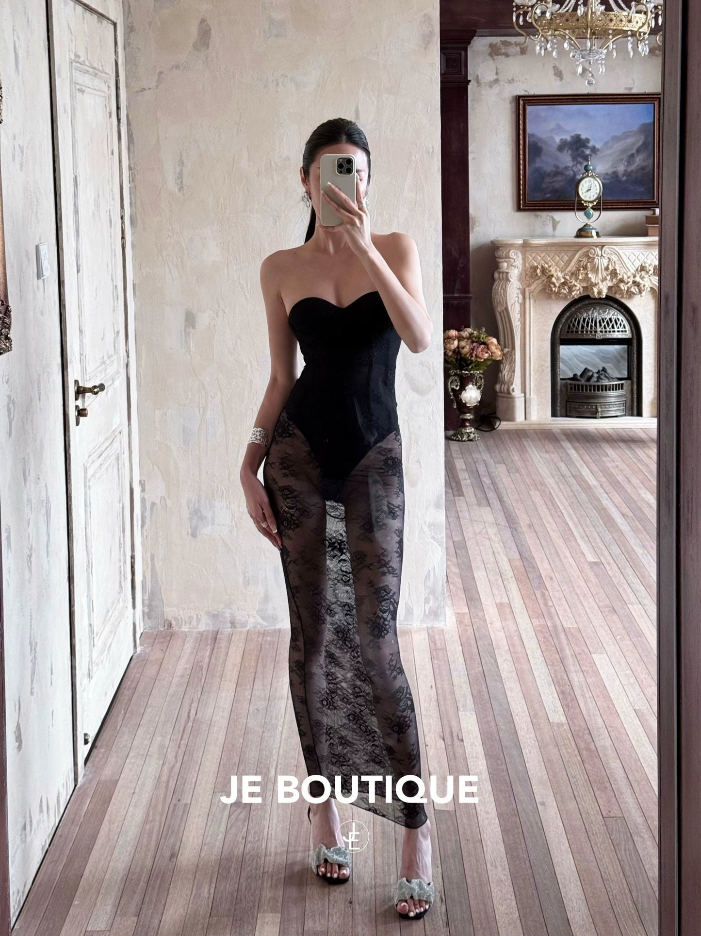 JolieElan · Core of Desire · Kardashian Lace Perspective Sexy Fishbone Strap One-piece Lingerie Set