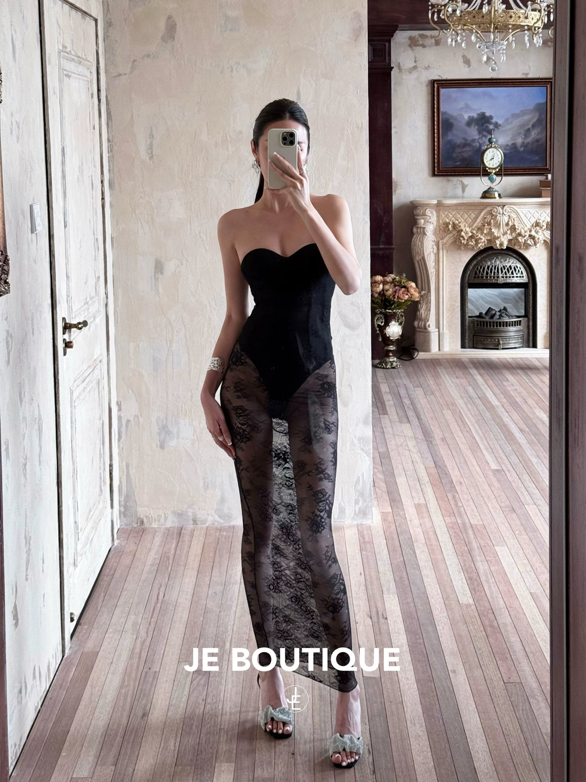 JolieElan · Core of Desire · Kardashian Lace Perspective Sexy Fishbone Strap One-piece Lingerie Set
