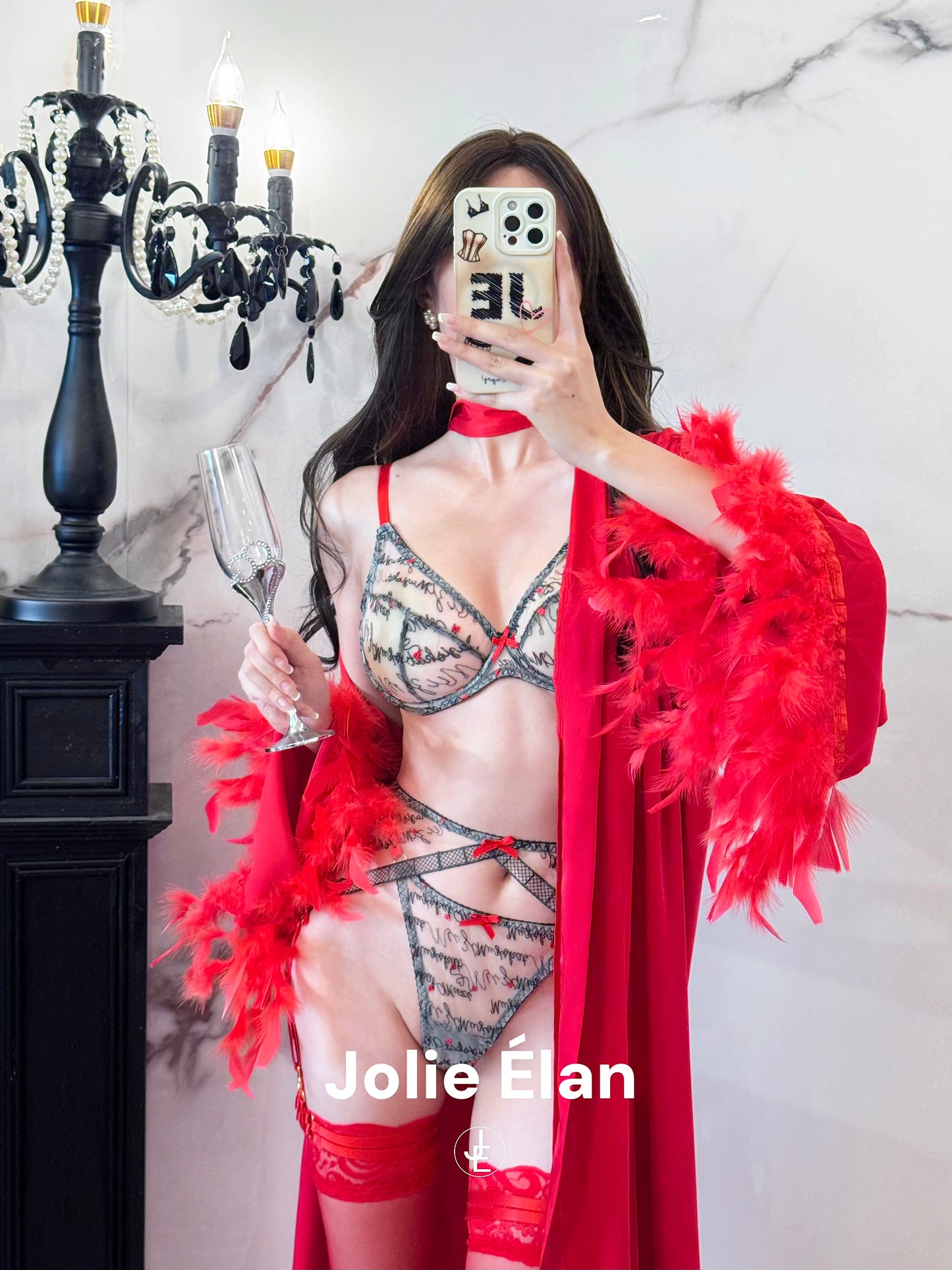 JolieElan · Love Letter · Sexy Mesh Embroidery Lace Perspective Letter French Pure Desire Underwear Set