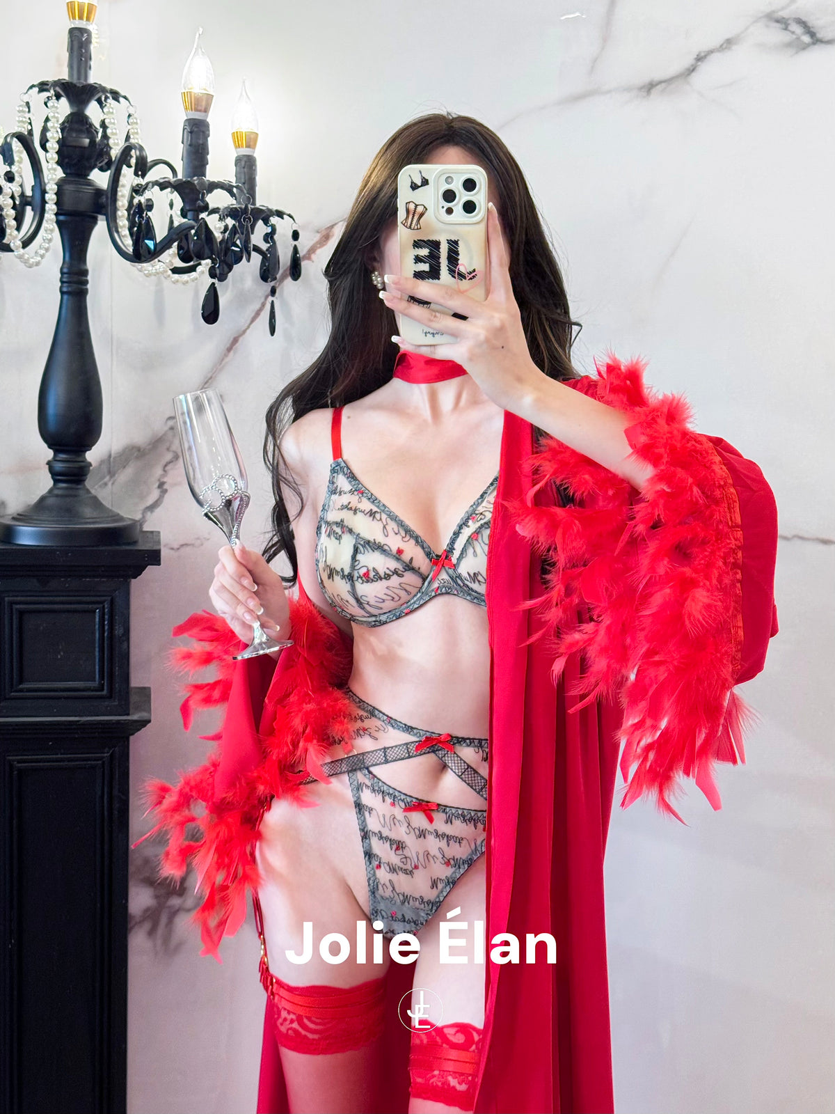 JolieElan · Love Letter · Sexy Mesh Embroidery Lace Perspective Letter French Pure Desire Underwear Set