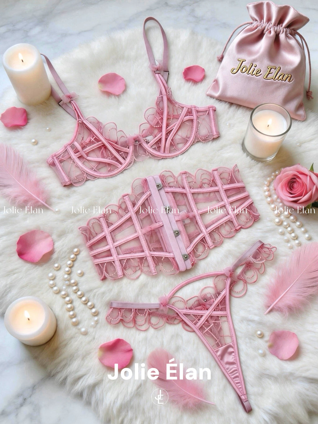 JolieElan · Sugar Heart Storm · French Sexy Pink Mesh Perspective Waist Premium Underwear Set