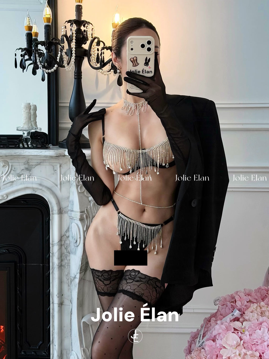 JolieElan · Peerless Beauty · Sexy Tassel Rhinestone Chain Hollow Gathering Explosive QQ Underwear Set