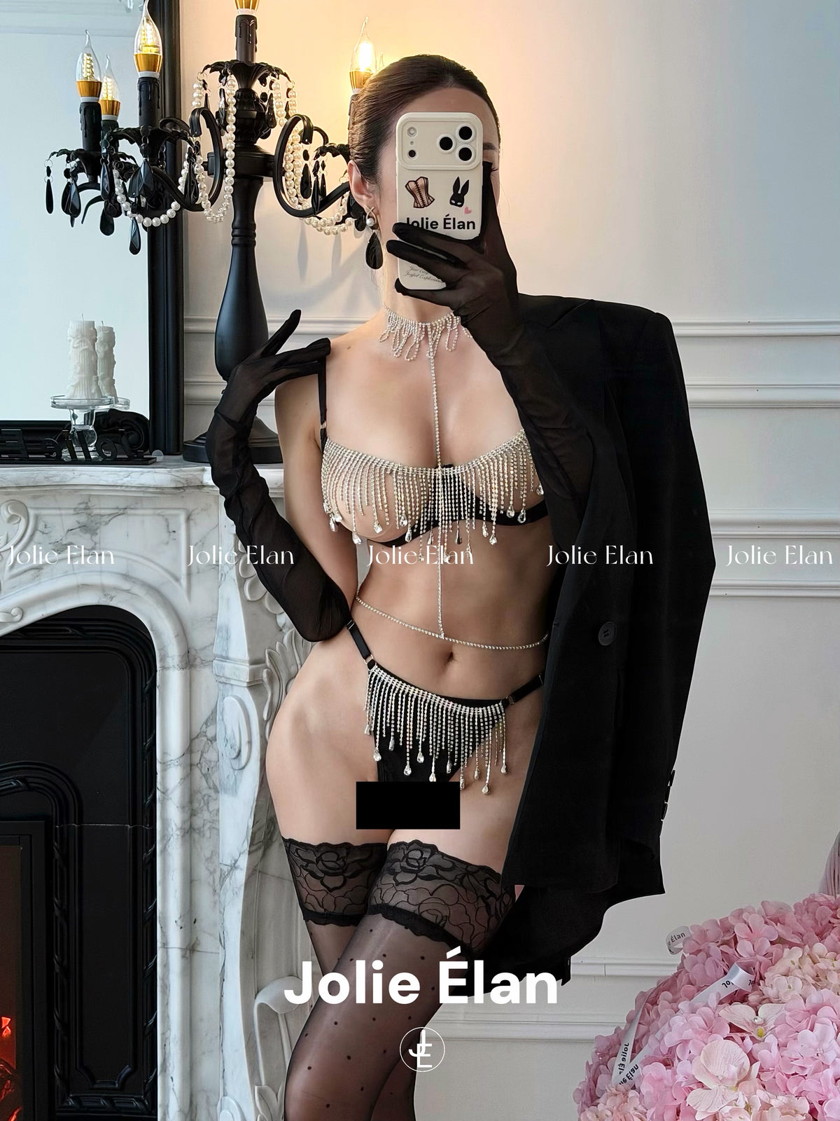 JolieElan · Peerless Beauty · Sexy Tassel Rhinestone Chain Hollow Gathering Explosive QQ Underwear Set