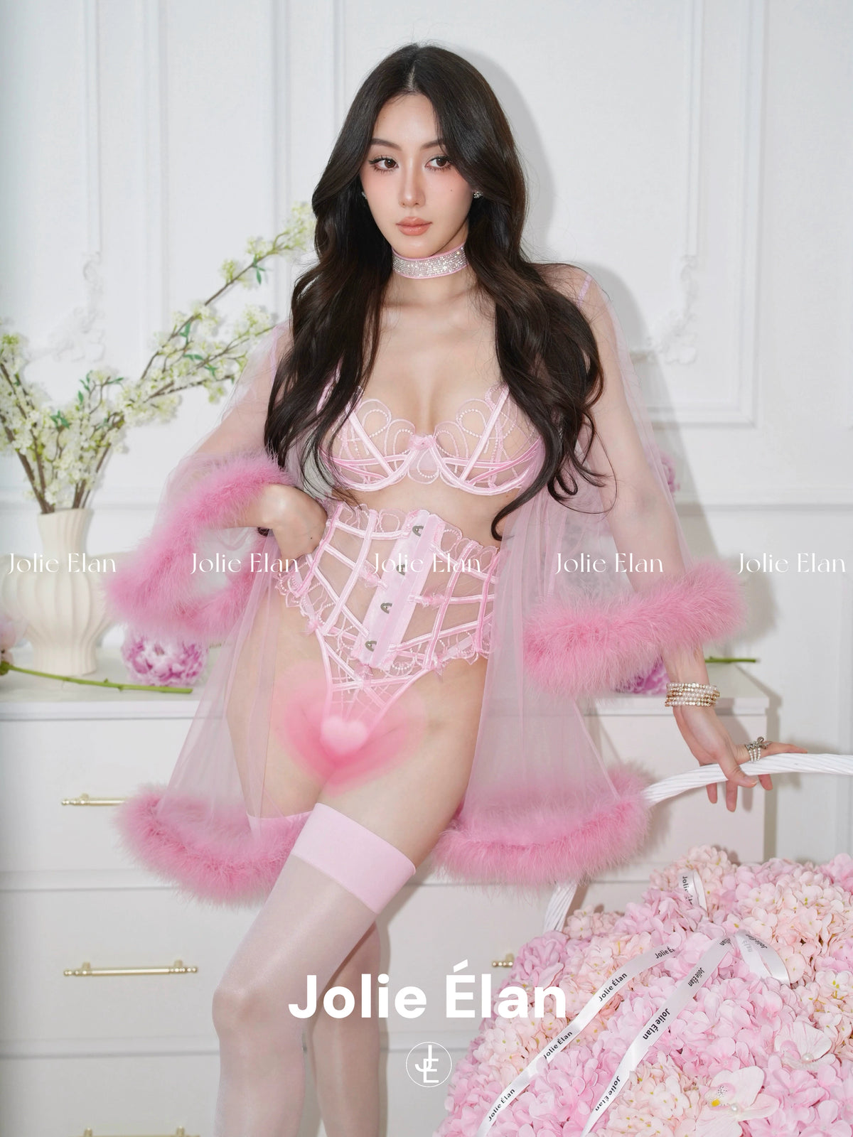 JolieElan · Sugar Heart Storm · French Sexy Pink Mesh Perspective Waist Premium Underwear Set