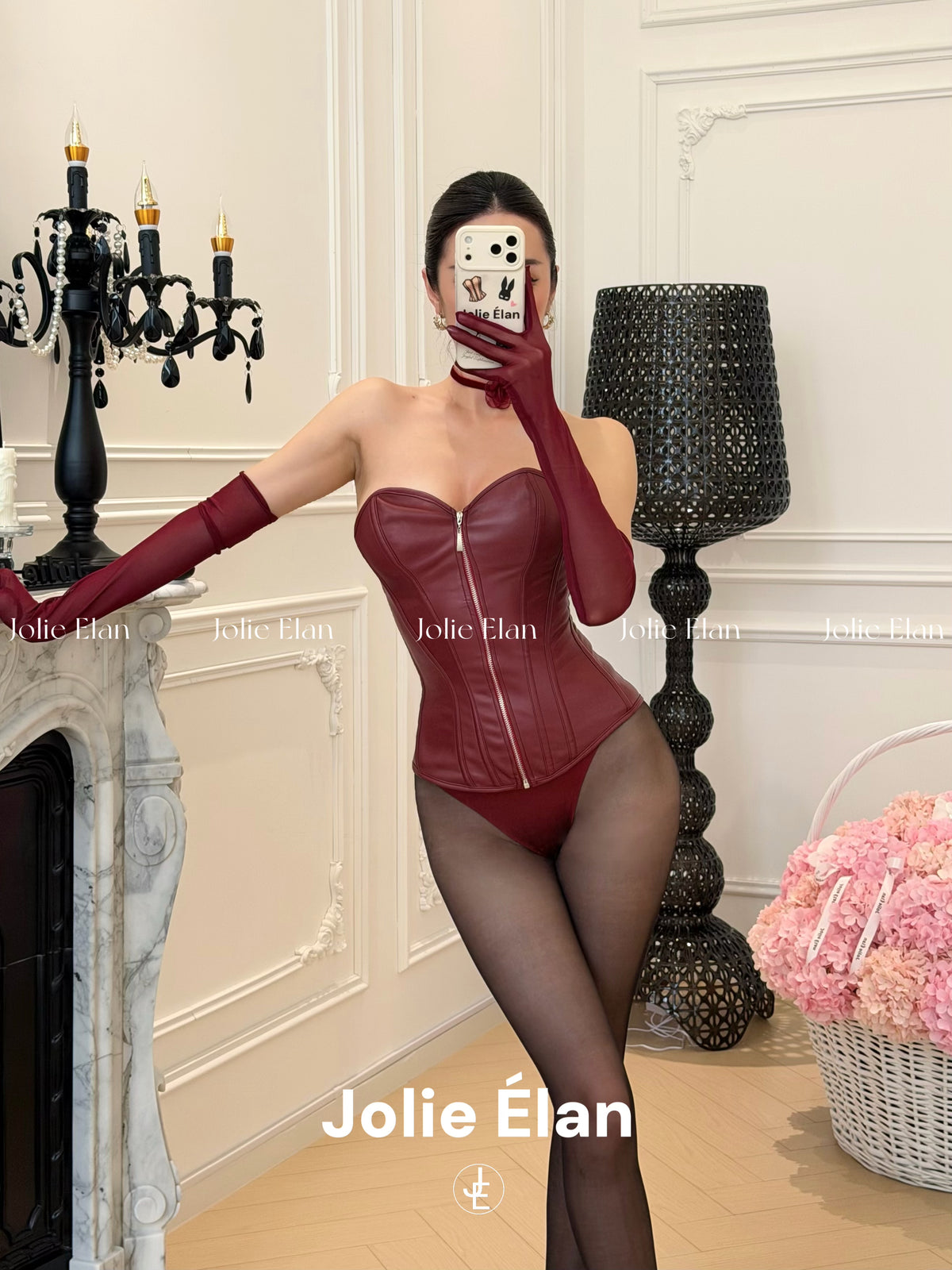 JolieElan Kochi Shrew OL Royal Sister Sexy Burgundy pu Vintage Zipper Corset Underwear Set