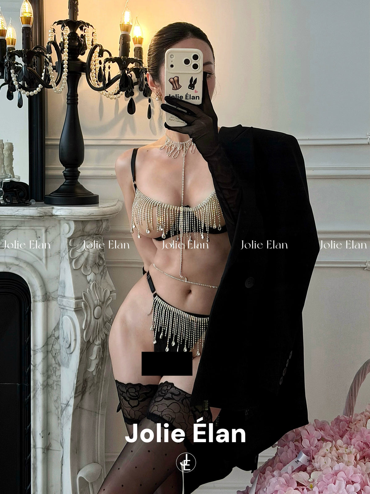 JolieElan · Peerless Beauty · Sexy Tassel Rhinestone Chain Hollow Gathering Explosive QQ Underwear Set