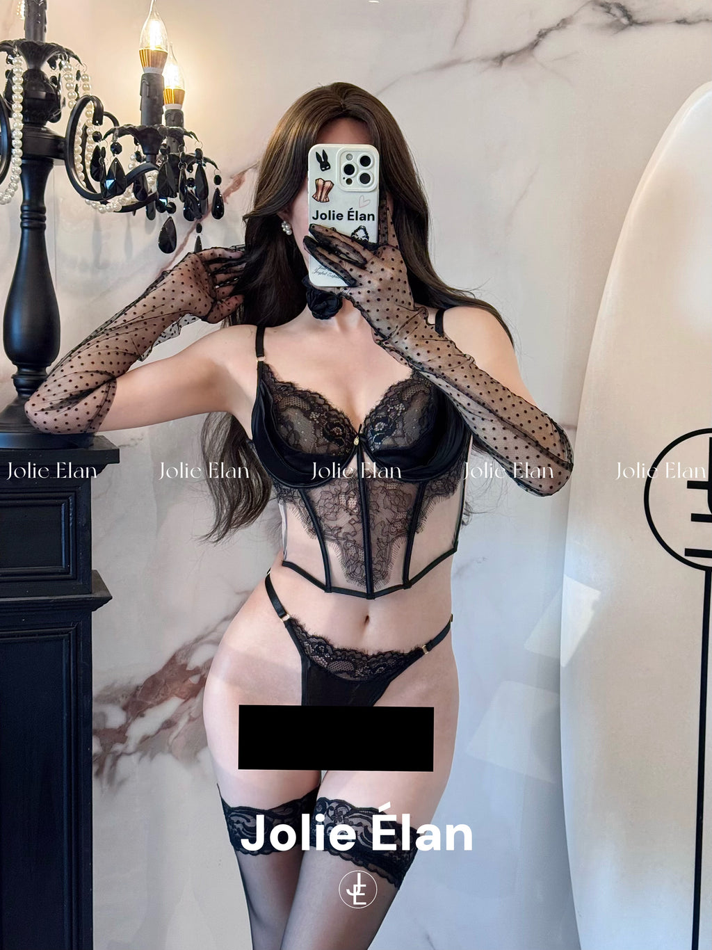 JolieElan · Love Sicily · French Lace Perspective Mesh Fishbone Sexy cos Underwear Set