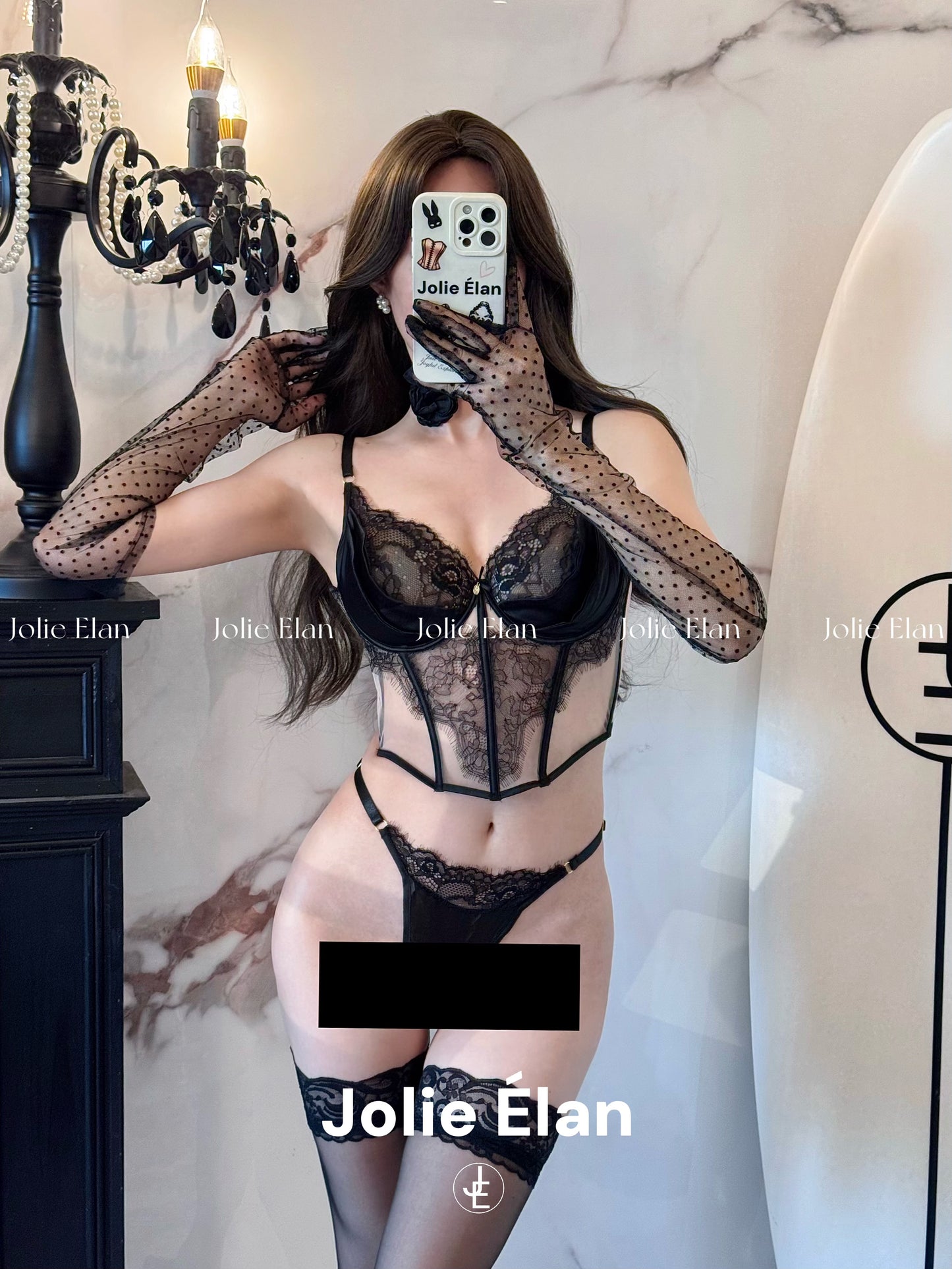 JolieElan · Love Sicily · French Lace Perspective Mesh Fishbone Sexy cos Underwear Set