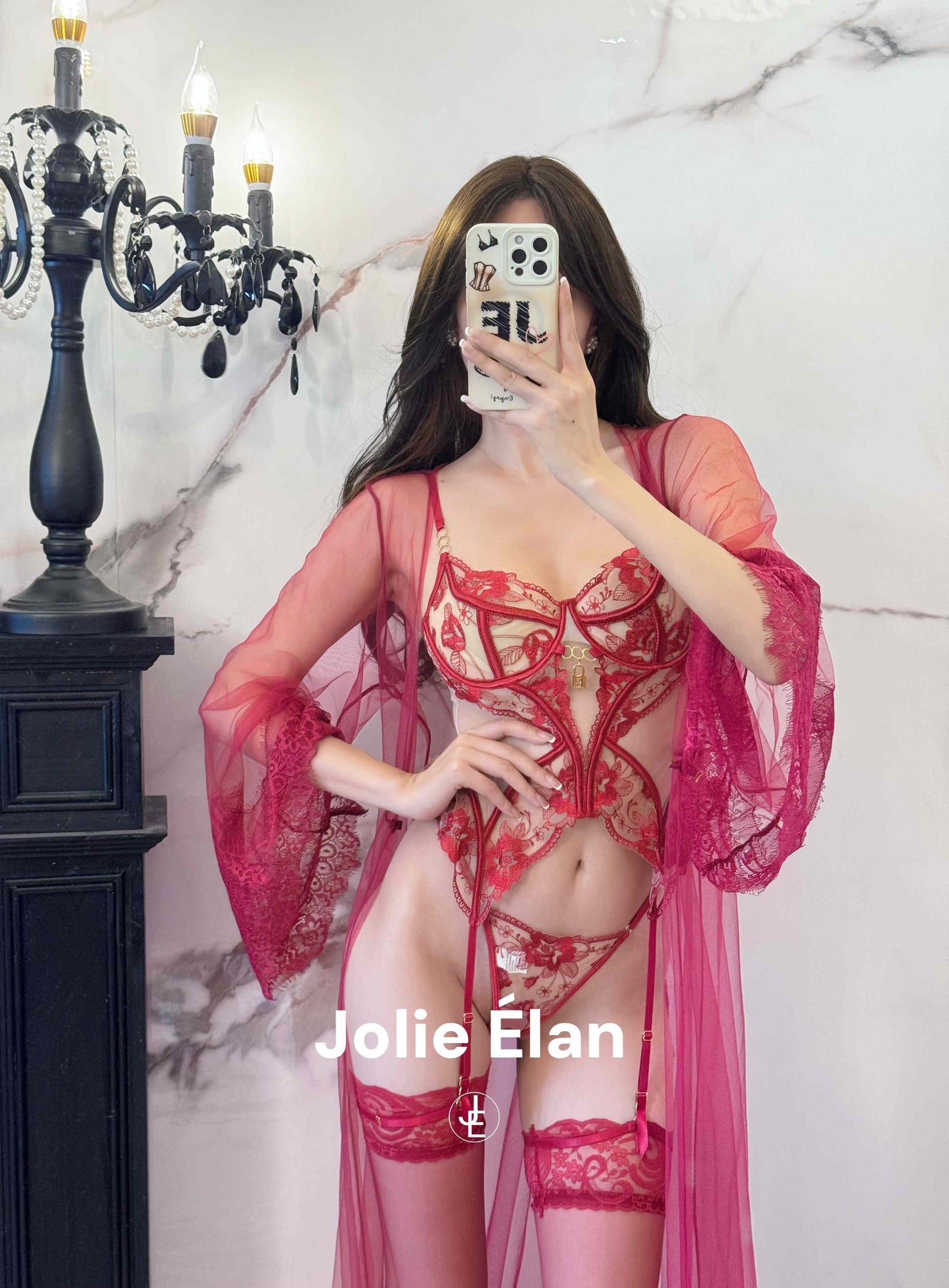 JolieElan · Rich Idle · Sexy Fishbone Mesh Embroidery Lace Perspective French Underwear Set