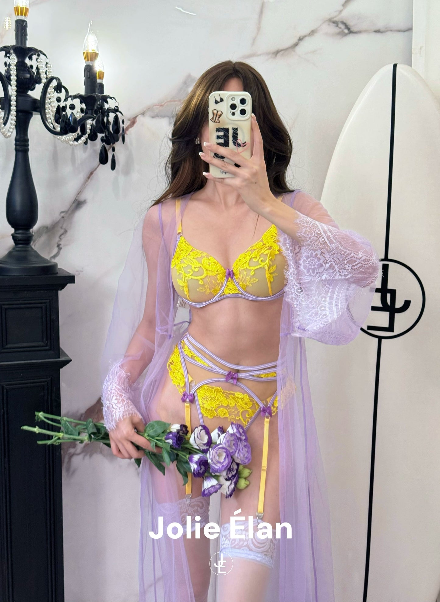 JolieElan · Hot Midsummer · French Lace Embroidered Suspender Sexy Perspective Premium Lingerie Set