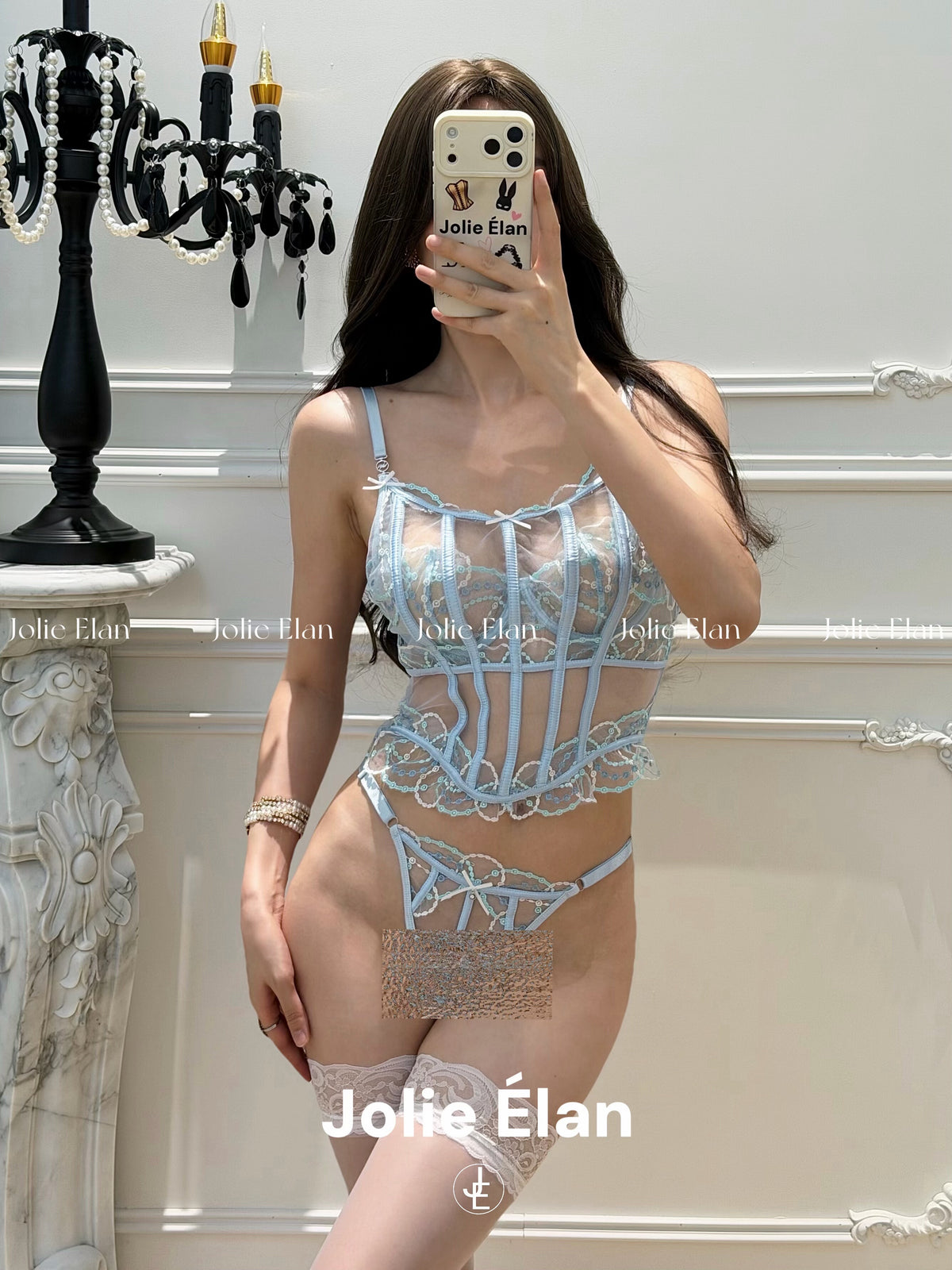 JolieElan Santorini French Light Luxury Embroidery Sexy Lace Perspective Premium Underwear Set