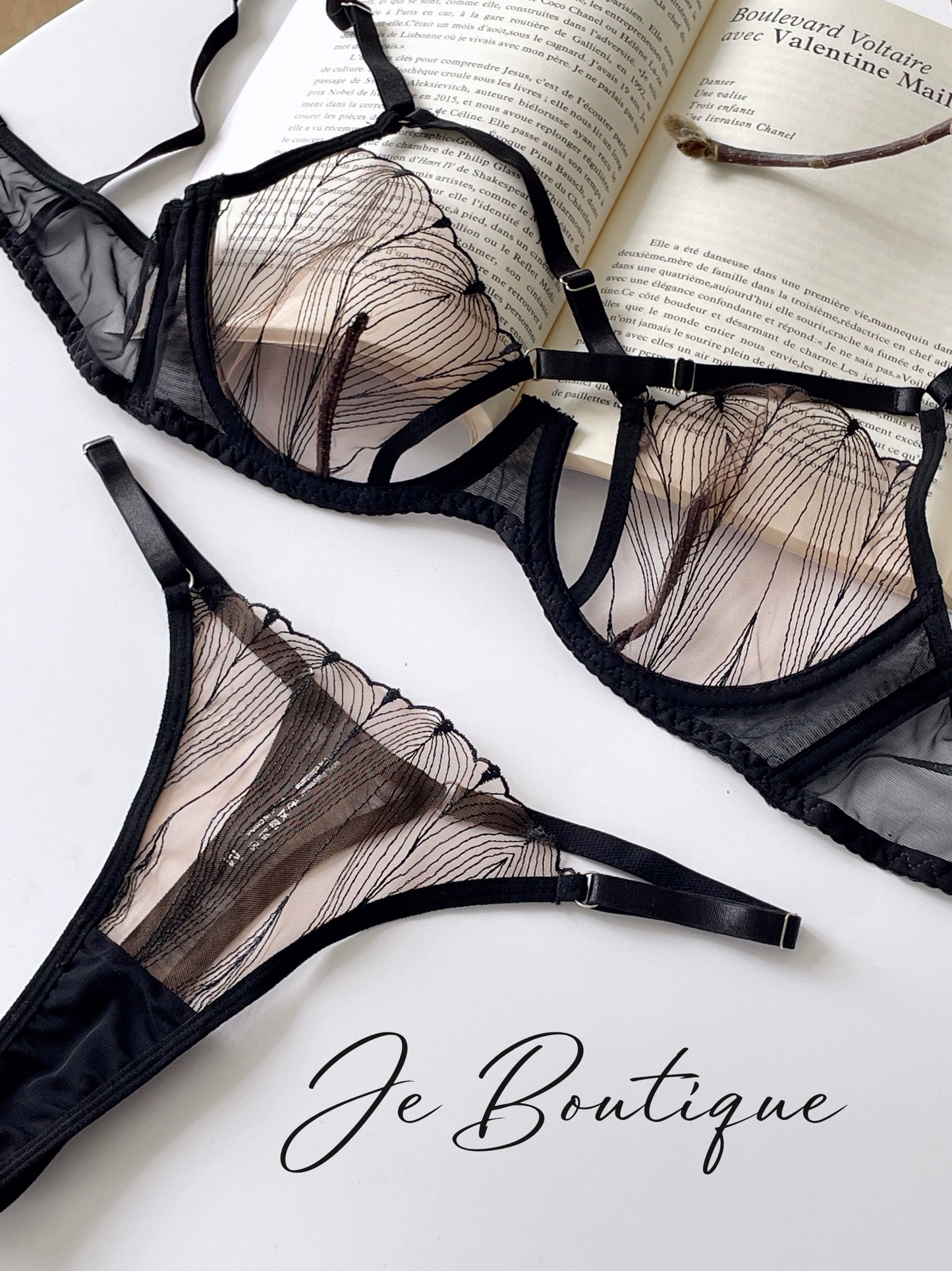 JolieElan · Rum Effect · French Lace Ultra Thin Sexy Cross Hollow Pure Desire Underwear Set