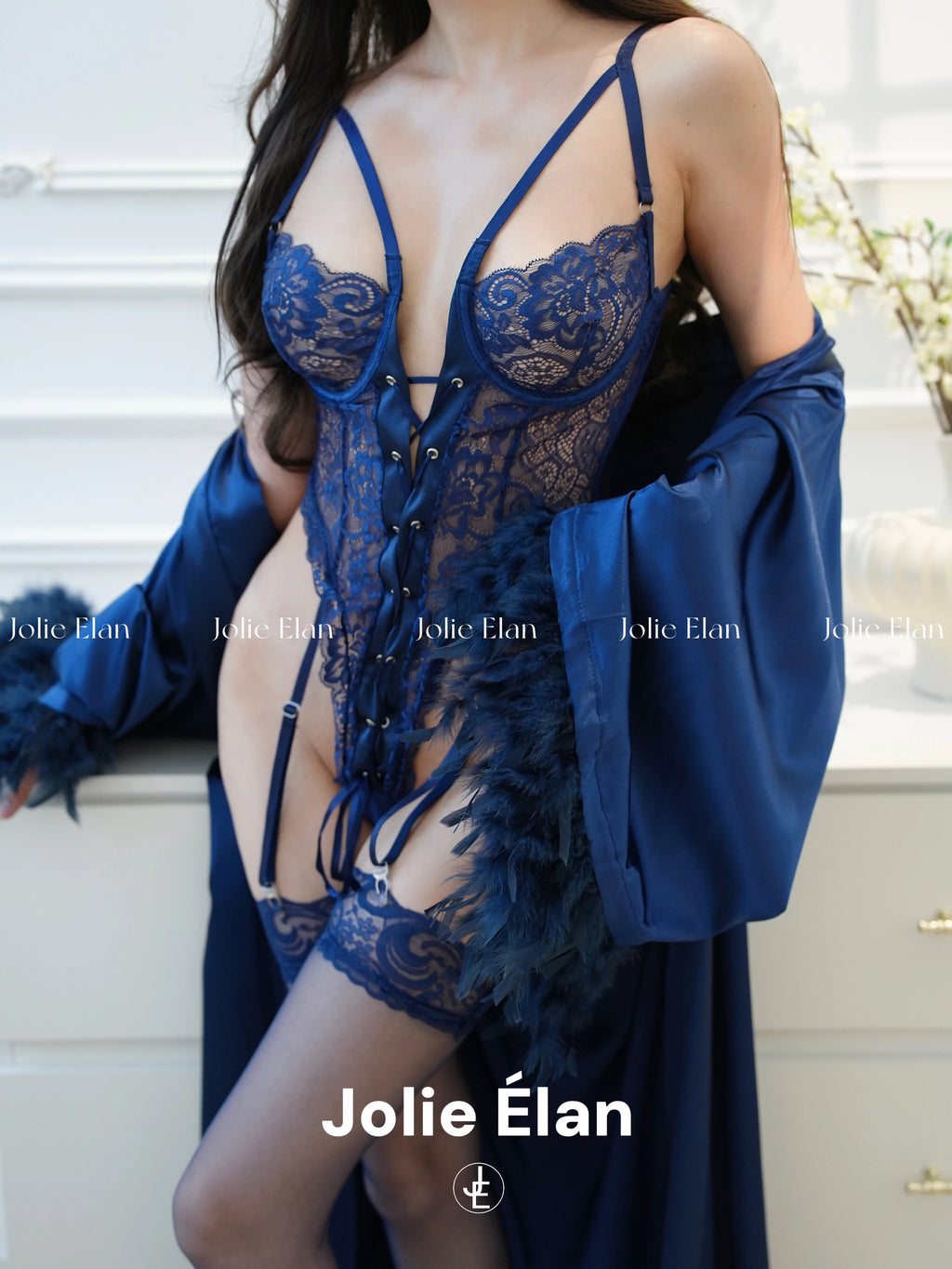 JolieElan · One Look Down · Sexy Lace Strap Perspective Premium French Blue One-Piece Lingerie Set