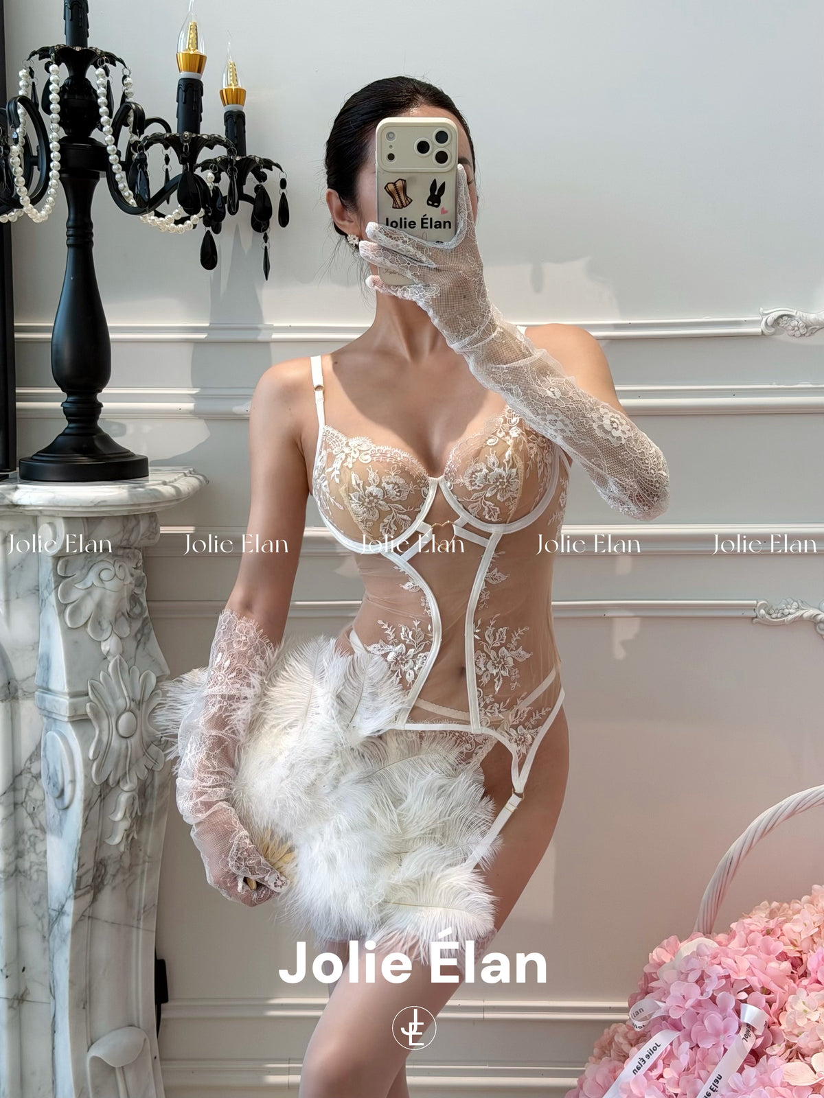 JolieElan · Moonlight Jasmine · French Sexy Flower Embroidery Mesh Perspective Shapewear Underwear Set
