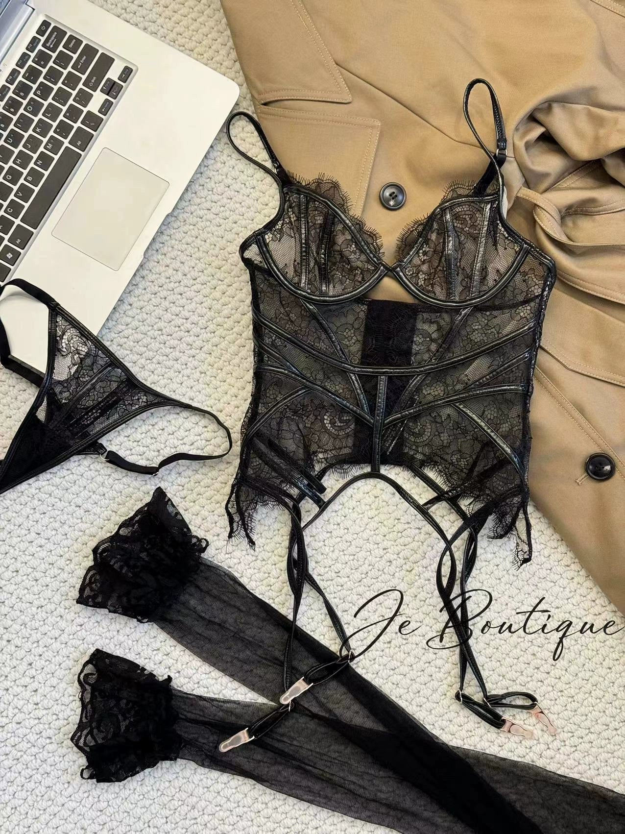 JolieElan · Black Angel · Halloween Fishbone Lace Splicing Slim Sexy Lingerie Set