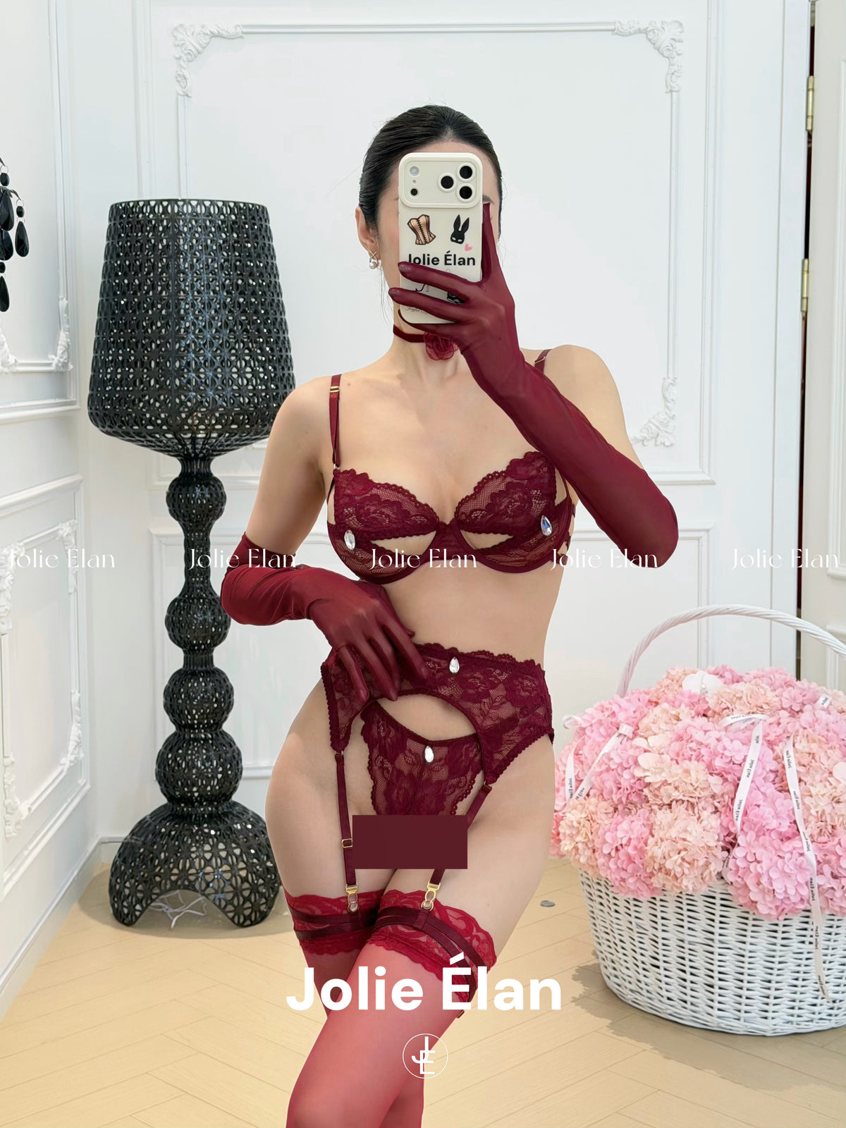 JolieElan · Cherry sweet wine · Royal sister atmosphere lace diamond decoration shows Baijiu red high-end underwear set