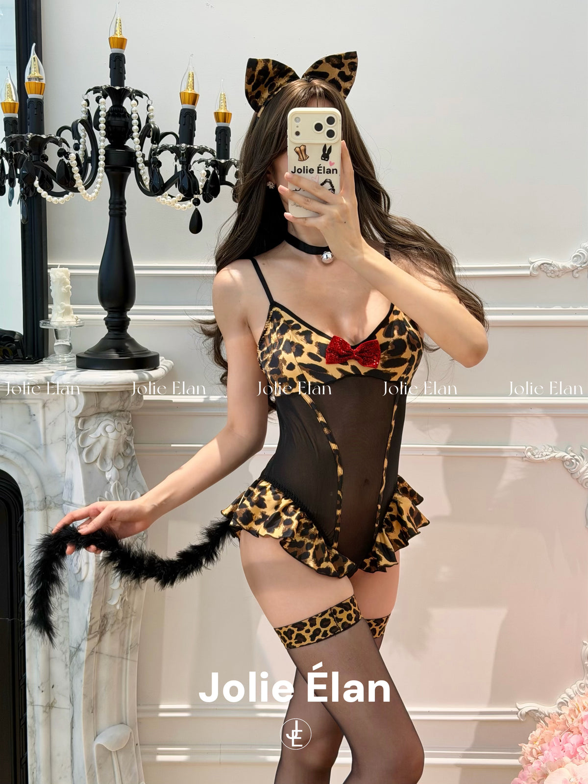 JolieElan · Sweet Leopard Strike · Sexy Leopard Print Mesh Perspective Cosplay One-piece Lingerie Set