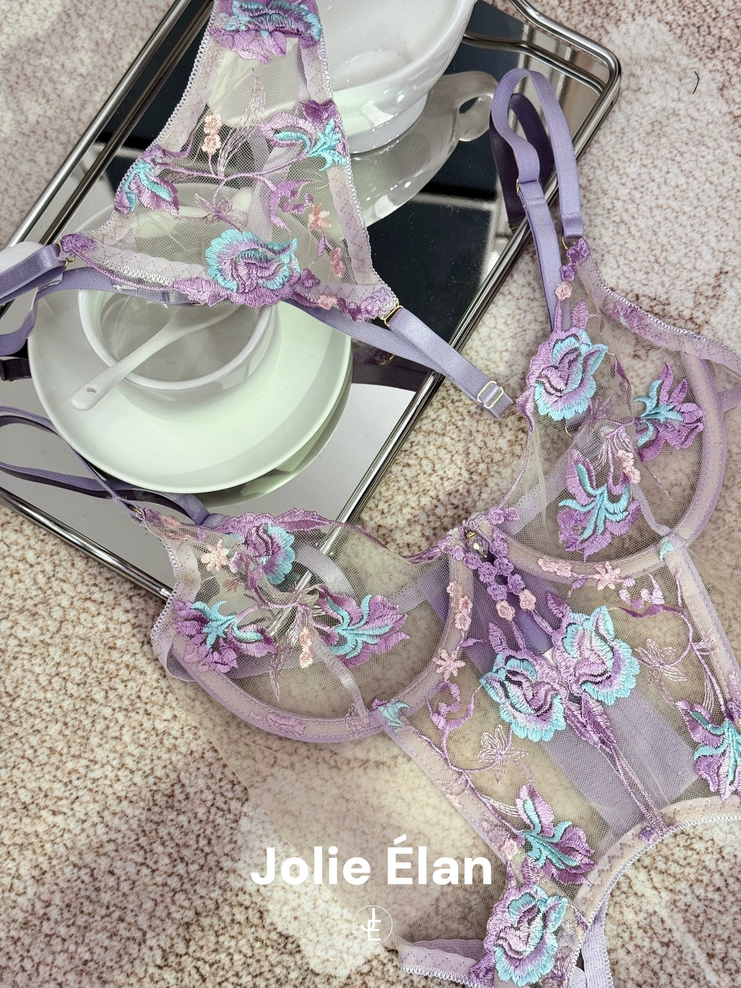 JolieElan · Paris Old Dream · Sexy Mesh Embroidery Lace Perspective French Pure Desire Underwear Set