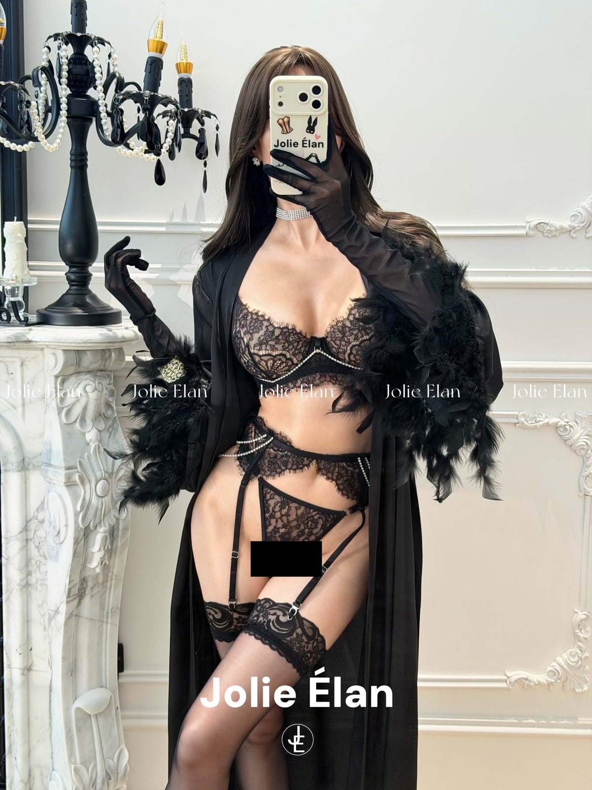 JolieElan · Qian Songyi · French Sexy Royal Sister Rhinestone Chain Lace Perspective Premium Underwear Set