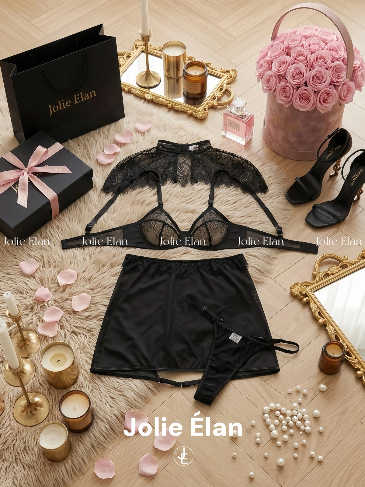 JolieElan Monica Vintage Sexy Royal Sister Lace Perspective Skirt Dating Premium Lingerie Set